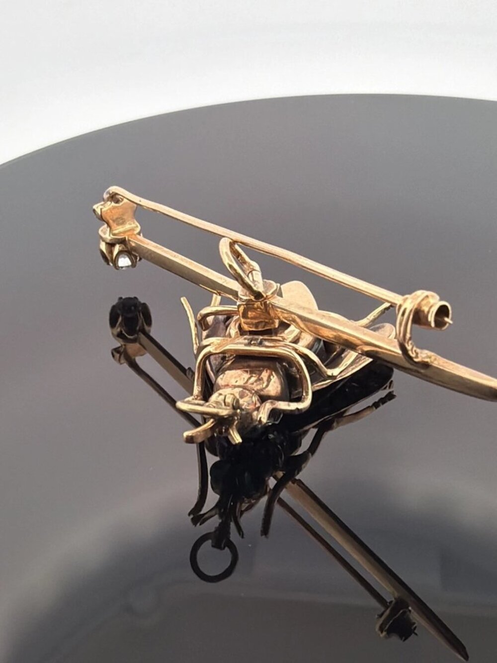 Antique Victorian Bee Brooch 14K Gold & Silver Diamond Emerald Cats Eye Quartz - Picture 10 of 13